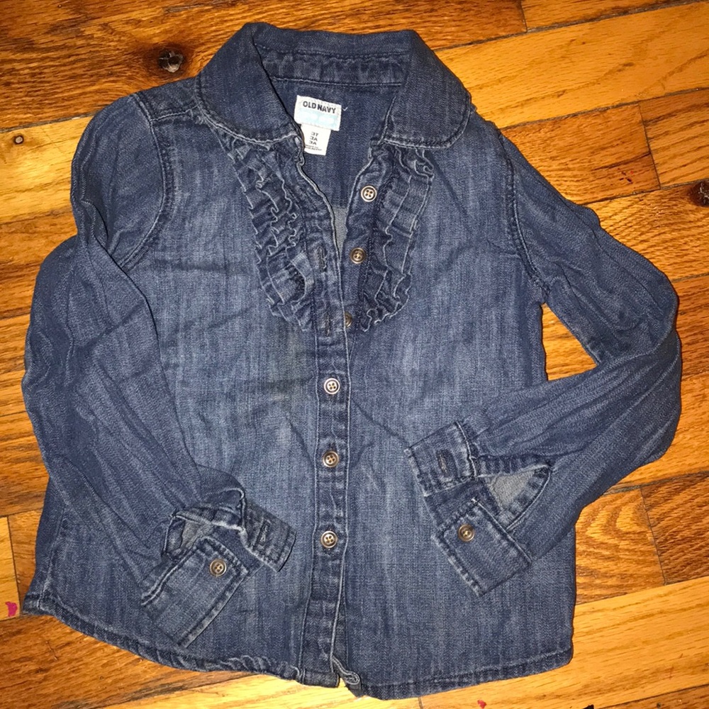 Ruffled blue jean button down